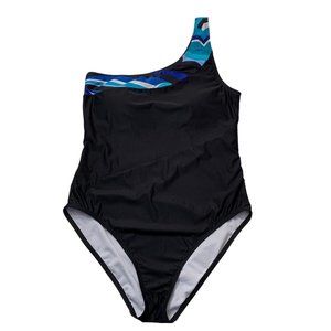 Amavi One Shoulder One Piece Swimsuit Size 14 Black with Blue Built In Bra NWOT